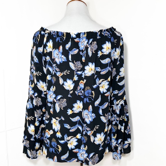 SOLD-WHBM Black Blue White Floral Print Off The Shoulder Bell Sleeve Peasant Top - Picture 6 of 8